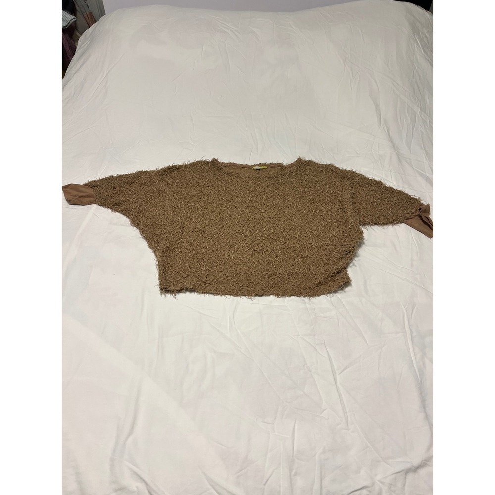 Gianni Bini Womens XS Brown Eyelash Knit Batwing Sweater Cropped 3/4 Sleeve Top